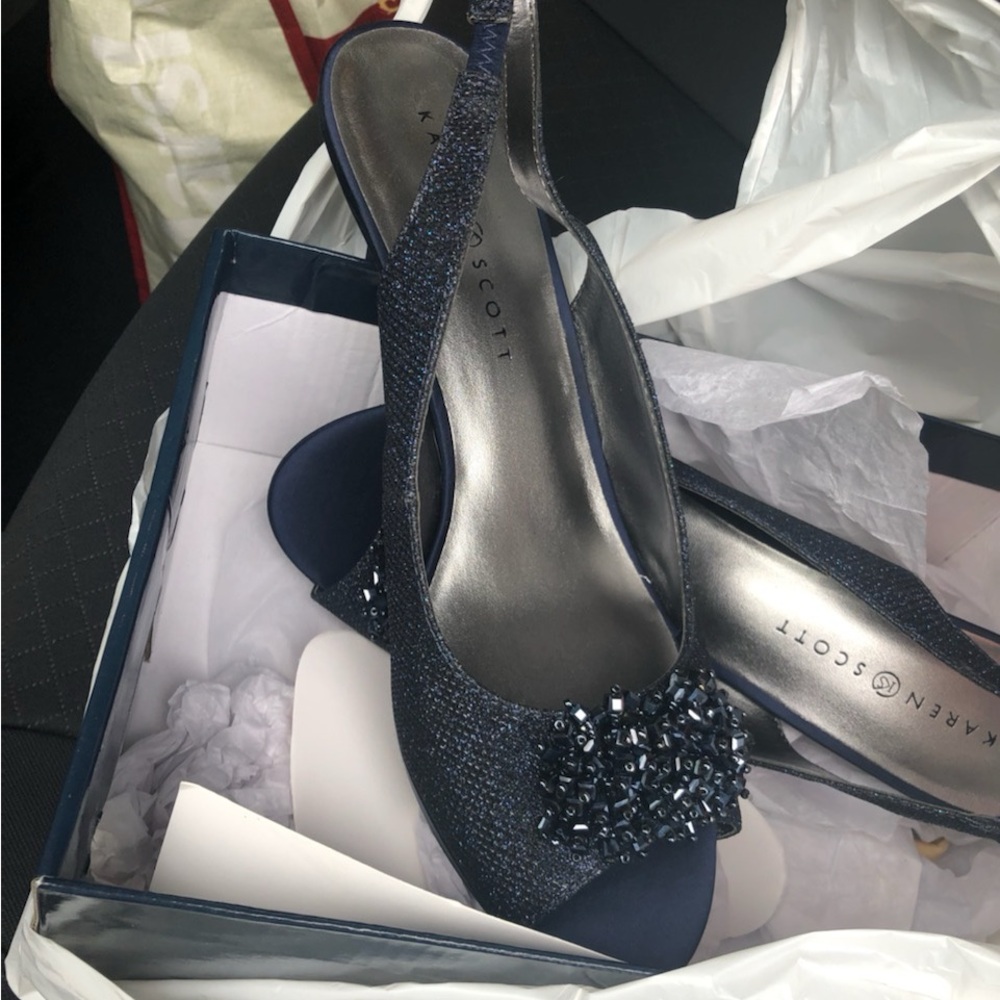 Karen Scott Navy Beaded Slingback Heels